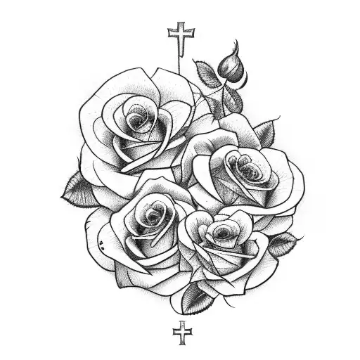 Christian Cross with roses and dogs tattoo design idea