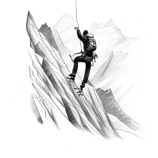 A sketch-style tattoo of a climber reaching the summit of a mountain with a knife in hand tattoo design idea