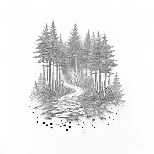 A dotwork tattoo of a trail winding through a forest with a silhouette of a dog leading the way tattoo design idea