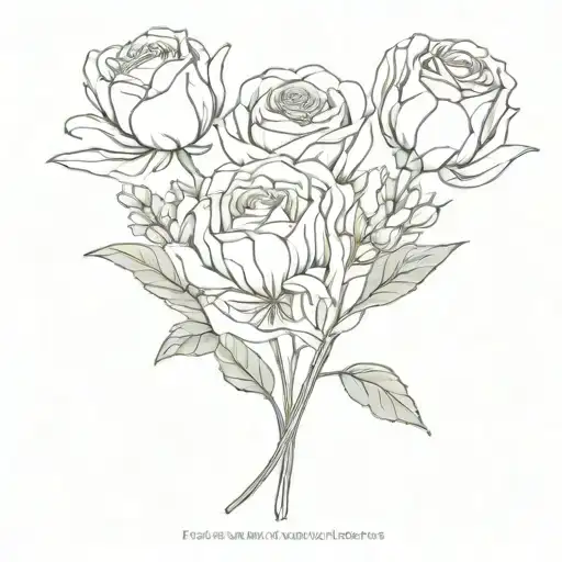 February, May, and June birth flower bouquet wrapped tattoo design idea