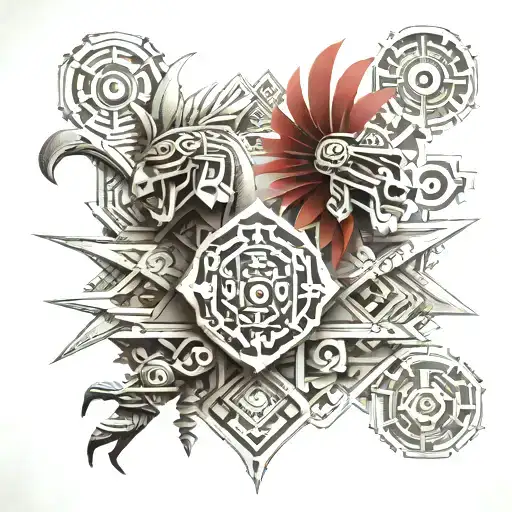 aztec geometric representation battle scene tattoo design idea