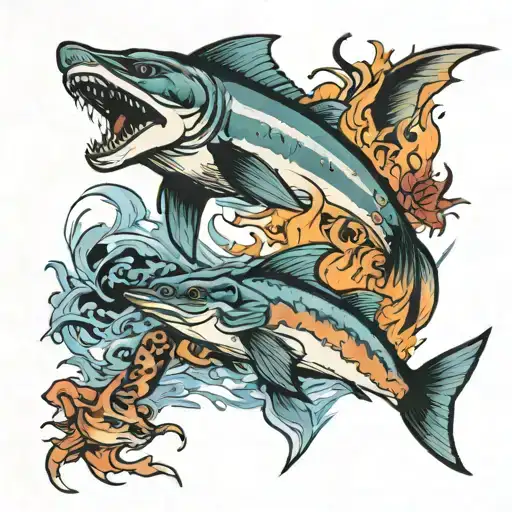 a marlin, dolphin, and Florida panther in a fire tattoo design idea