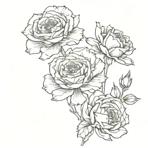  three flowers fine line sketch style. Black and grey. No colour. Rose, carnation an tattoo design idea