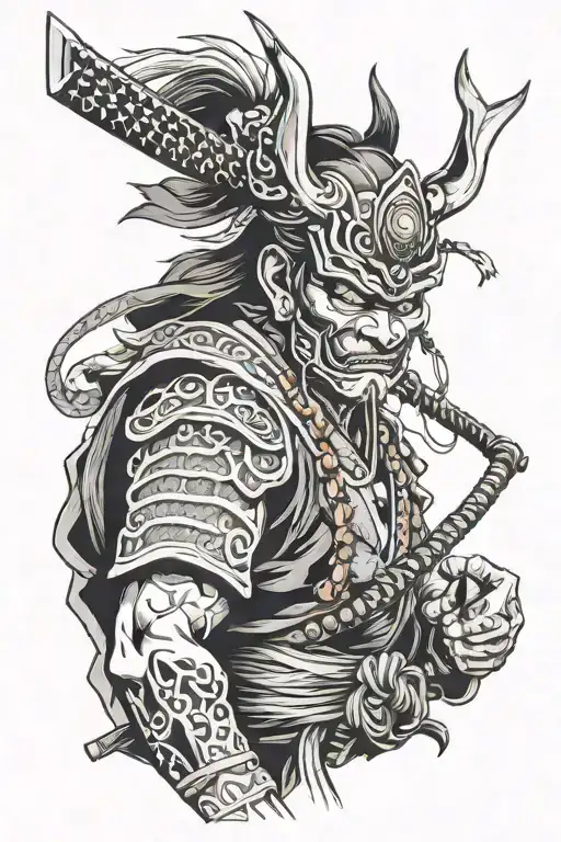 Samurai with oni mask tattoo design idea