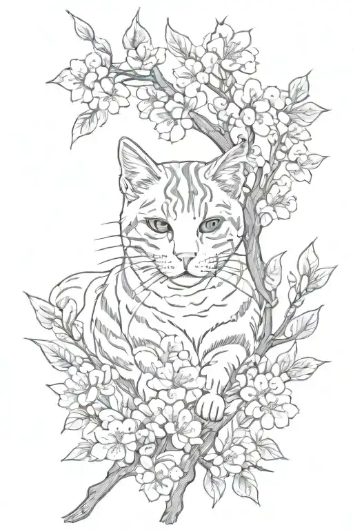 sakura leaves with stripes around the hand, under the sakura branch cat tattoo design idea