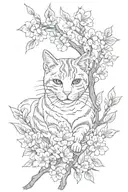 sakura leaves with stripes around the hand, under the sakura branch cat tattoo design idea