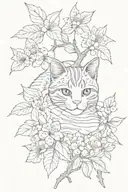 sakura leaves with stripes around the hand, under the sakura branch cat tattoo design idea