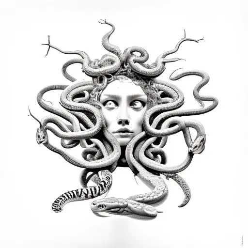 Medusa with gouged out bleeding eyes and some snake heads cutoff tattoo design idea