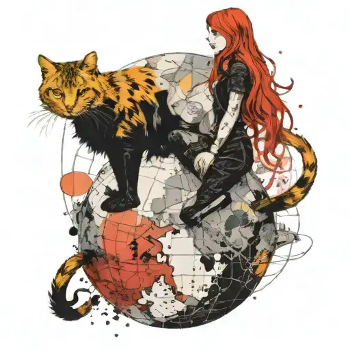 Yellow-coated, red-headed (long hair) young but very short girl stands on a Earth globe. She's holding cute black cat. tattoo design idea