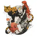 Yellow-coated, red-headed (long hair) young but very short girl stands on a Earth globe. She's holding cute black cat. tattoo design idea