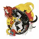 Yellow-coated, red-headed (long hair) young but very short girl stands on a Earth globe. She's holding cute black cat. tattoo design idea