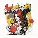 Yellow-coated, red-headed (long hair) young but very short girl stands on a Earth globe. She's holding cute black cat. tattoo design idea