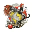 Yellow-coated, red-headed (long hair) young but very short girl stands on a Earth globe. She's holding cute black cat. tattoo design idea