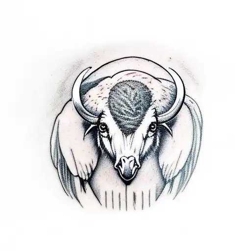 Buffalo with an ibis bird landing on its head tattoo design idea
