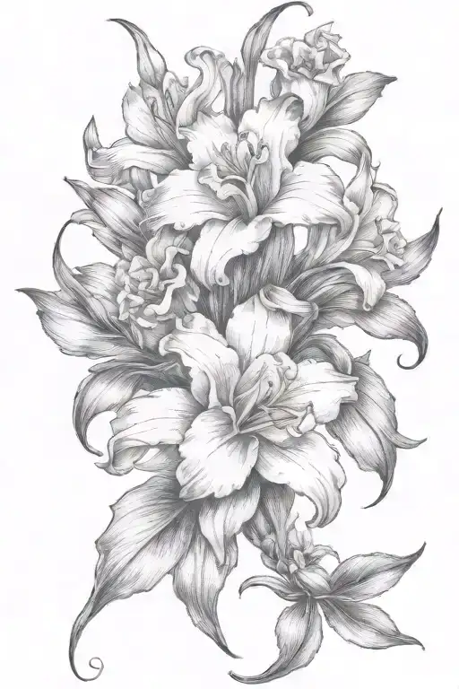 gladiolous flowers grouped with daffodil and red rose tattoo design idea