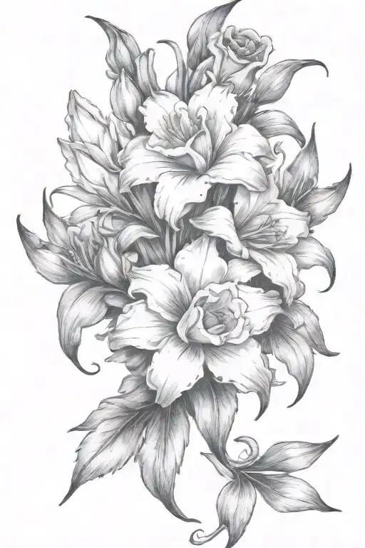 gladiolous flowers grouped with daffodil and red rose tattoo design idea