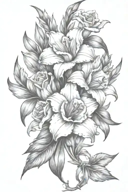 gladiolous flowers grouped with daffodil and red rose tattoo design idea
