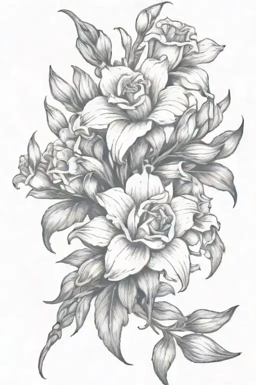 gladiolous flowers grouped with lots of red roses growing tattoo design idea