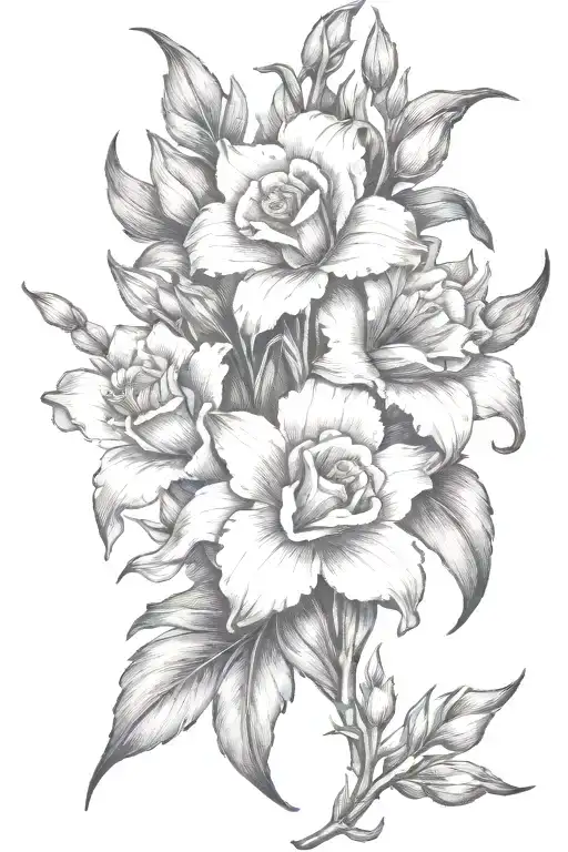 gladiolous flowers grouped with daffodil and red rose  tattoo design idea