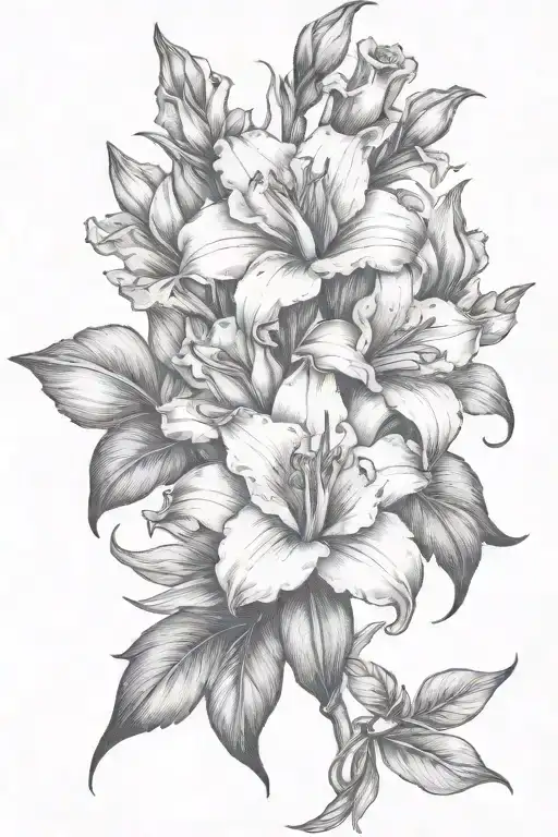 gladiolous flowers grouped with red roses growing together tattoo design idea