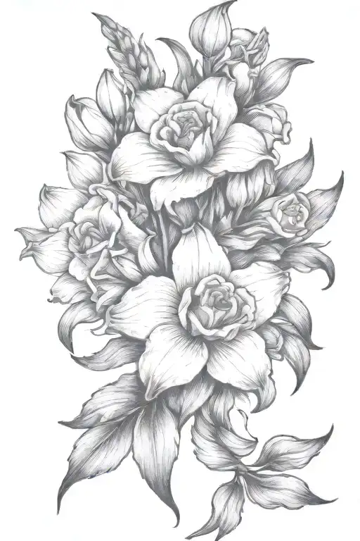 gladiolous flowers grouped with daffodil and red rose  tattoo design idea
