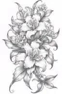 gladiolous flowers grouped with daffodil and red rose tattoo design idea