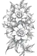 gladiolous flowers grouped with daffodil and red rose tattoo design idea