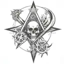 the cross, the masonic compass, baphomet skull, all seeing eye, the aum,  tattoo design idea
