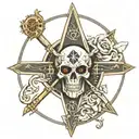the cross, the masonic compass, baphomet skull, all seeing eye, the aum,  tattoo design idea
