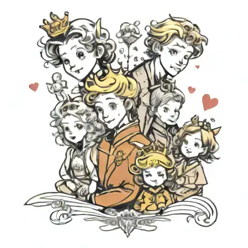 little prince, as dad, wife and two daughters, sketch form, they love eachh otther and they are so happy in worold of li tattoo design idea