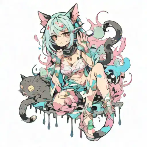 full body nude cat girl in pastel gore style tattoo design idea