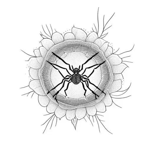 A blackwork tattoo of a spider crawling through a field of flowers tattoo design idea