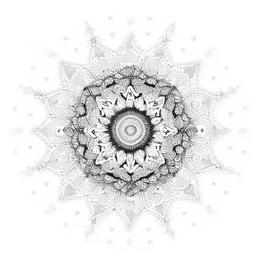 An intricate mandala made entirely of flowers with a blackout backdrop tattoo design idea