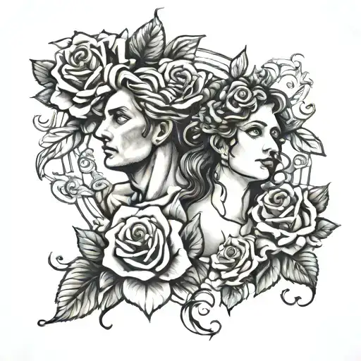 roses with apollo and aphrodite, mythology tattoo design idea