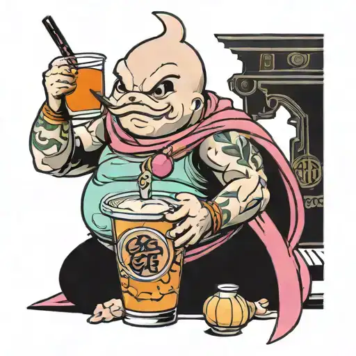 majin buu drinking bubble tea cup on top tattoo design idea