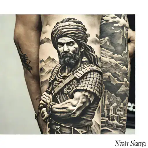 Kurdish warrior with mountains and sun arm sleeve tattoo design idea