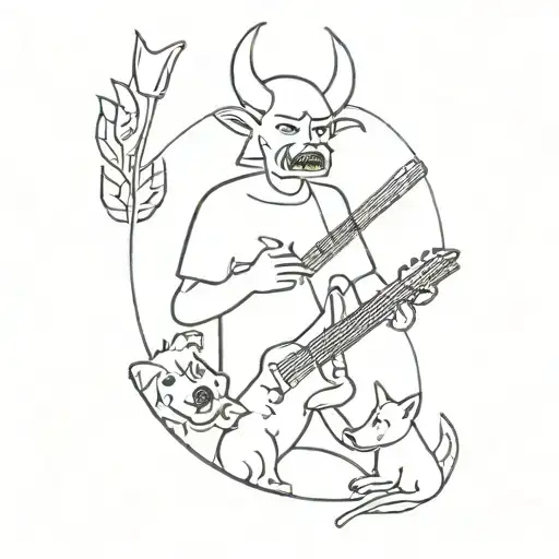 A minimalist tattoo of a rock concert scene with a devil as the lead singer and dogs in the audience tattoo design idea