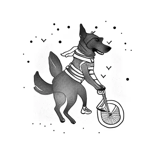 A tattoo design featuring a dog running alongside a person on a bicycle, capturing the joy of outdoor activities tattoo design idea