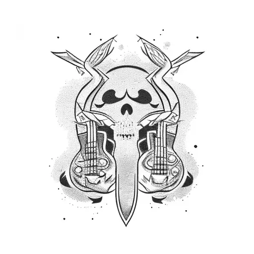 Hunter with a bass guitar tattoo in blackwork style tattoo design idea