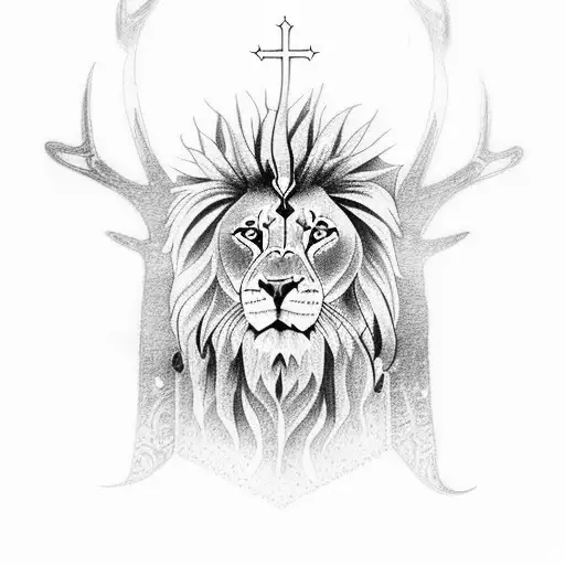 Religious Christian tattoo featuring a lion and a deer in dotwork style tattoo design idea