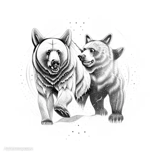 A powerful tattoo depicting a muscular bear and wolf in an epic battle, inspired by Viking mythology, in a dotwork style. tattoo design idea