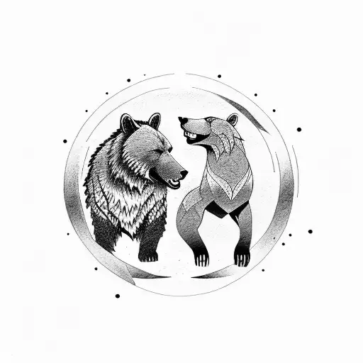 A powerful tattoo depicting a muscular bear and wolf in an epic battle, inspired by Viking mythology, in a dotwork style. tattoo design idea