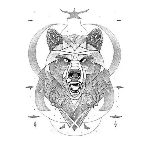 A powerful tattoo depicting a muscular bear and wolf in an epic battle, inspired by Viking mythology, in a dotwork style. tattoo design idea