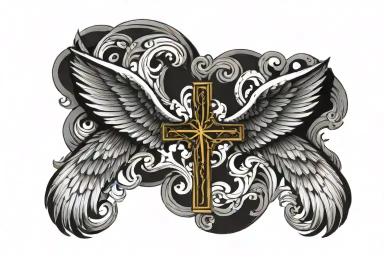 a cross with angel wing attached near the bottom half tattoo design idea
