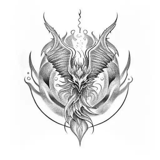 A blackwork tattoo design of a mythical creature like a phoenix or dragon, incorporating tattooing tools like needles and ink as part of its design tattoo design idea