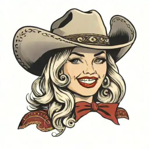 Cowgirl with blonde hair, wearing a cowboy hat, smiling with red lipstick tattoo design idea