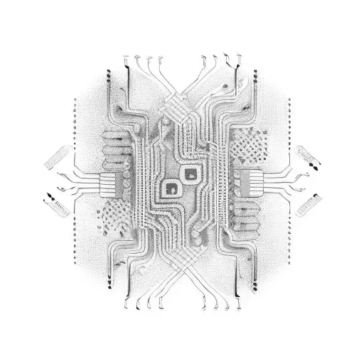 A detailed circuit board design with musical notes flowing through it, representing your passion for music and your occupation as an electrician tattoo design idea