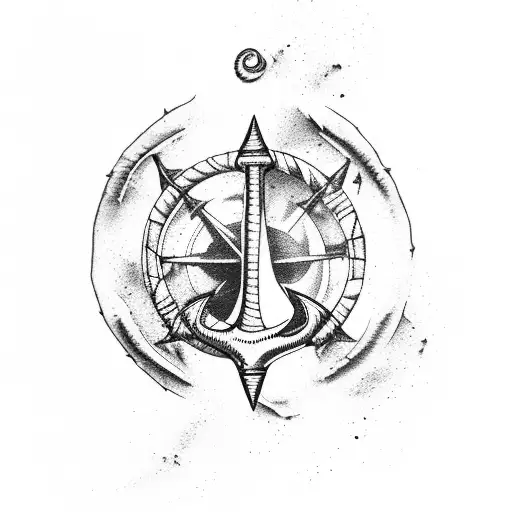old worn ship thrashing storm anchor compass above water below water otter jellyfishes tattoo design idea