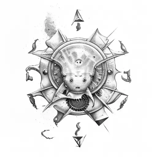 old worn ship thrashing storm compass otter jellyfishes tattoo design idea