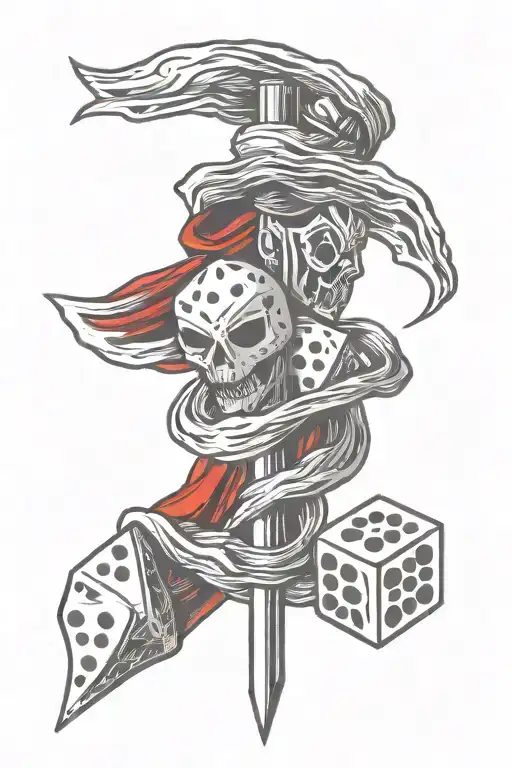 dagger two dice red scarf comedy tragedy mask  tattoo design idea